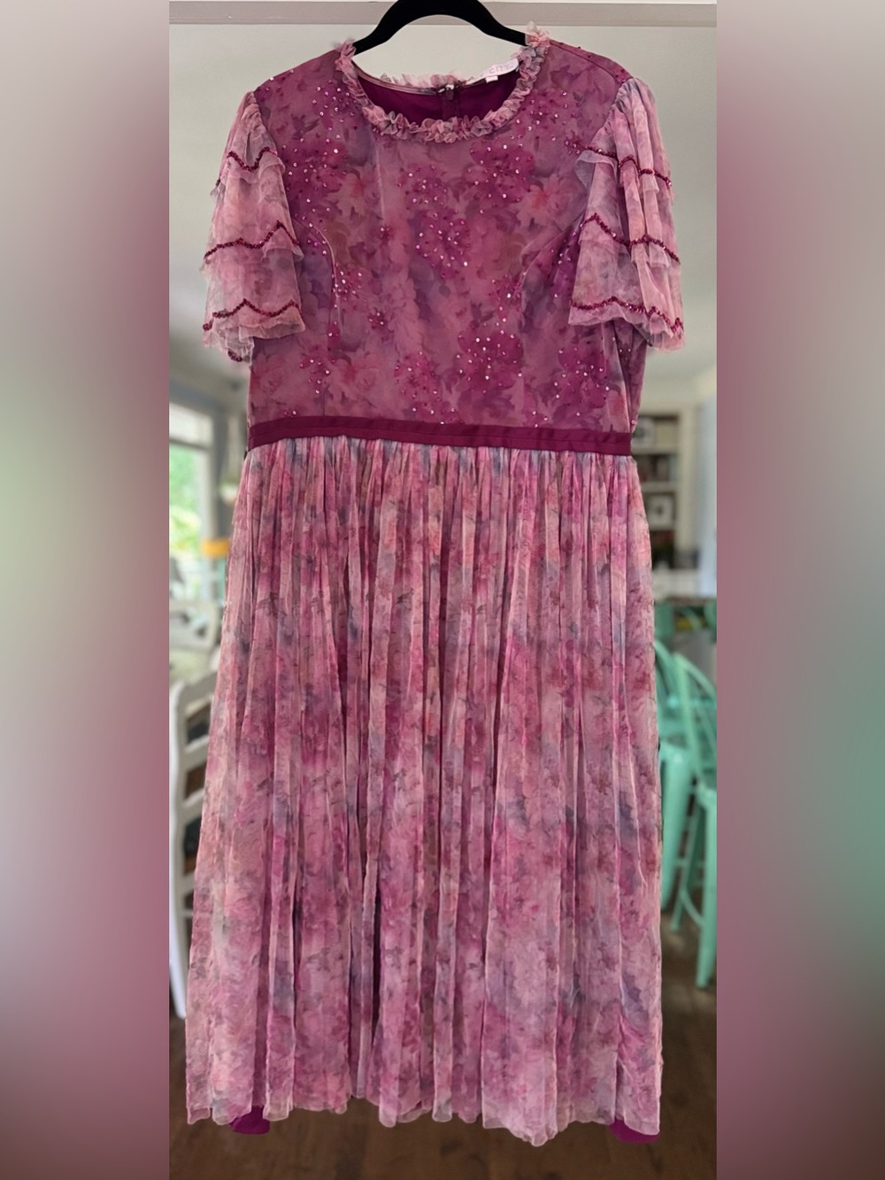 Ivy City Co Sugar Plum Fairy Dress Plum Floral Sequin Pleated Midi